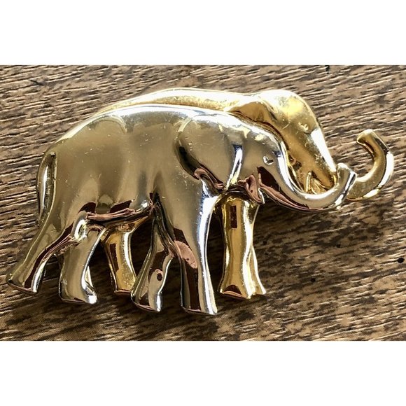 Vtg Liz Claiborne Signed Silver and Gold Tone Elephant Trunk Up Brooch Pin - Picture 1 of 2